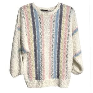 VTG Bramble Lane Sweater OFF-WHITE POPCORN KNIT Pastel Rainbow Stripes Dolman M